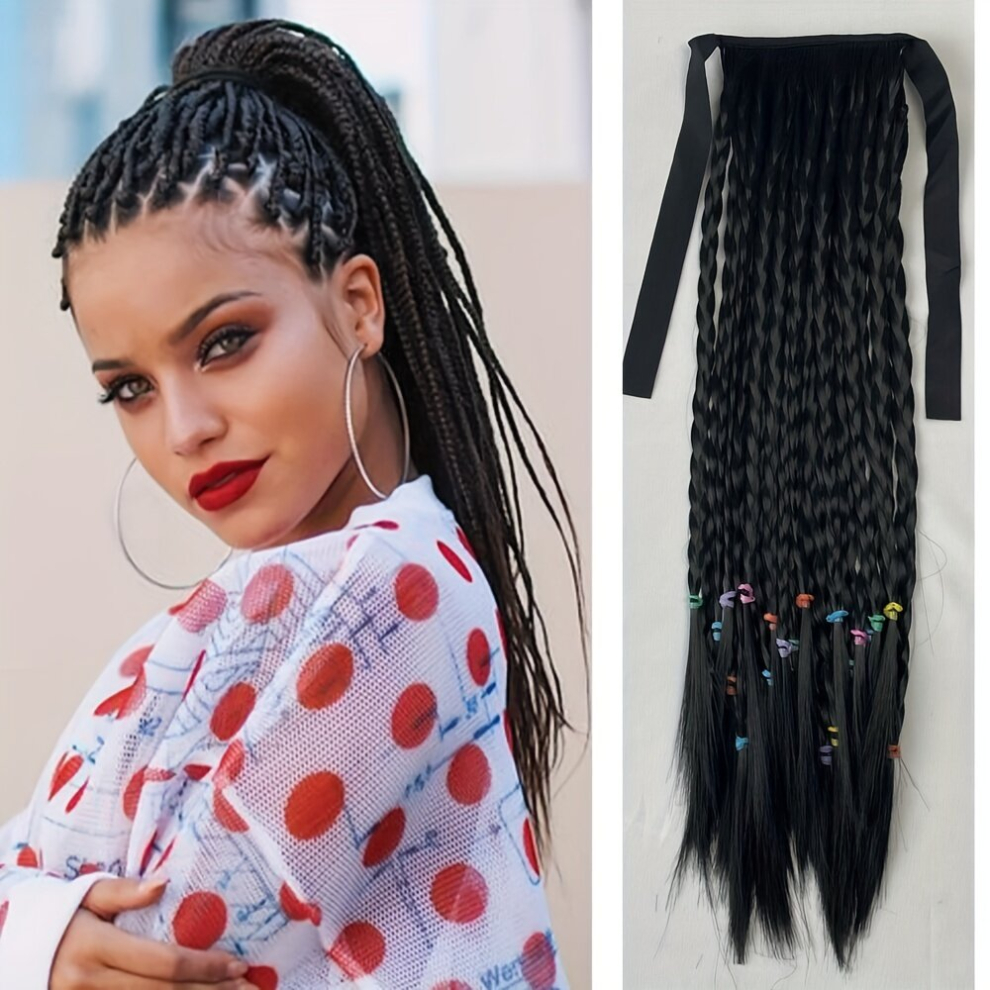 Braids Ponytail With Ribbon Tie Wrapped Around Long Ponytail Extensions Synthetic Hair Extensions Natural Looking For Daily Use