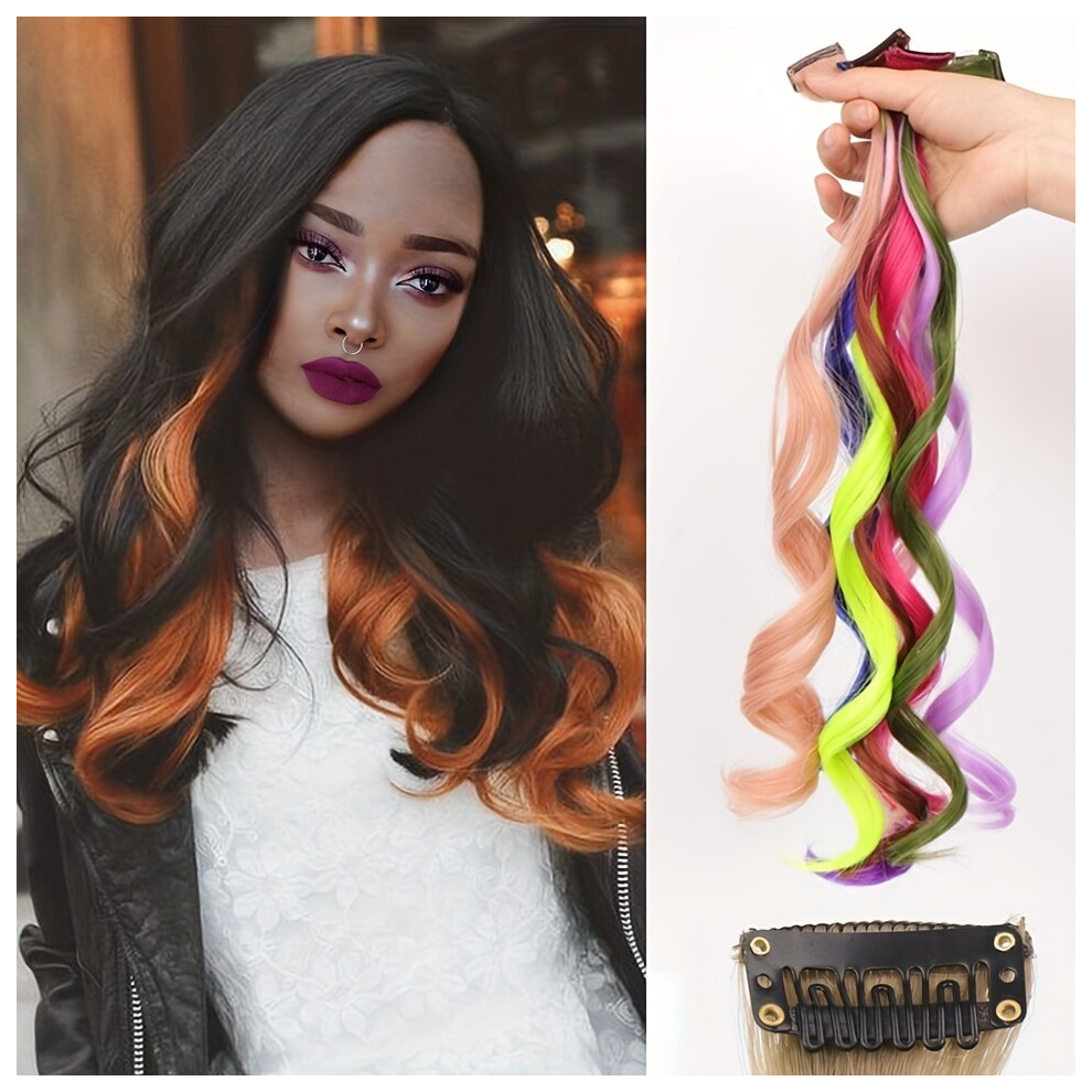 Unisex Purple Synthetic Wavy Clip On Hair Extension One Piece Rainbow Highlighted One Clip Hair In Curly Extensions Clips Hairs