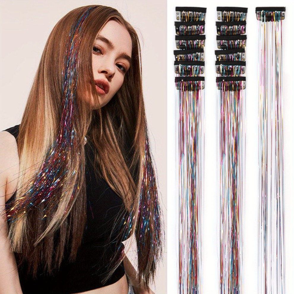 Unisex Multicoloured 12Pcs Clip In Hair Tinsel Heat Resistant 50 8 Cm Fairy Galaxy Hair Extension Tinsel Kit Glitter Hair Tinsel Clip In On Sparkling Colorful Hair Accesso