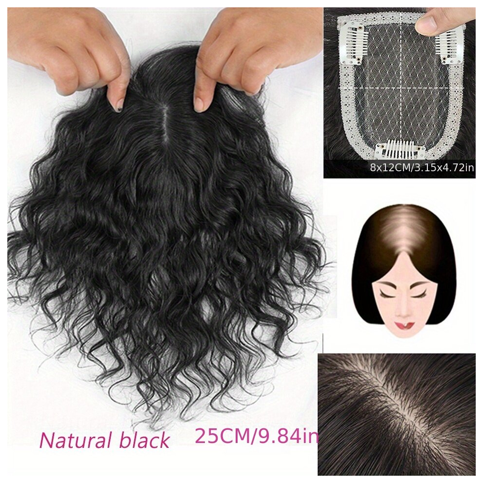 Unisex Black Curly Topper With Bangs Clip In Synthetic Hair Pieces Beginners Friendly