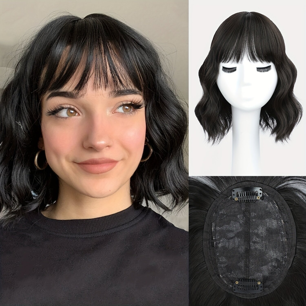 Unisex Multicoloured Wavy Hair Topper Hairpieces With Bangs For Women Natural Wave Crown Toppers Hairpieces Clip In Hair Topper For Thinning Hair Body Wave Synthetic Hair