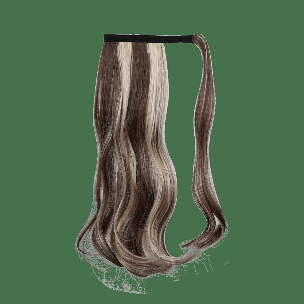 Long Curly Ponytail With Hair Tie Wrapped Around Synthetic Clip In Hair Extensions Natural Looking For Daily Use