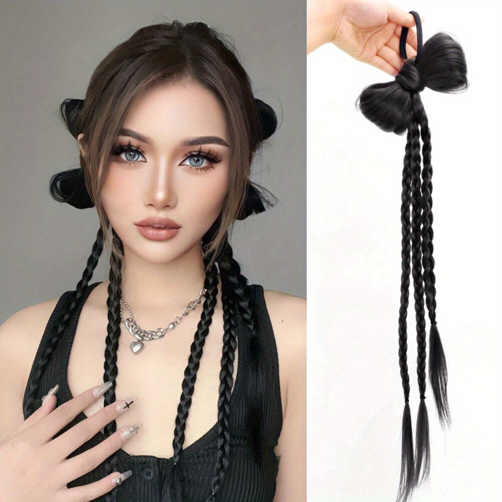 Unisex Brown Braided Ponytail Hair Extensions Long Braided Hair Extension With Bow Synthetic Hairpiece For Women Girls