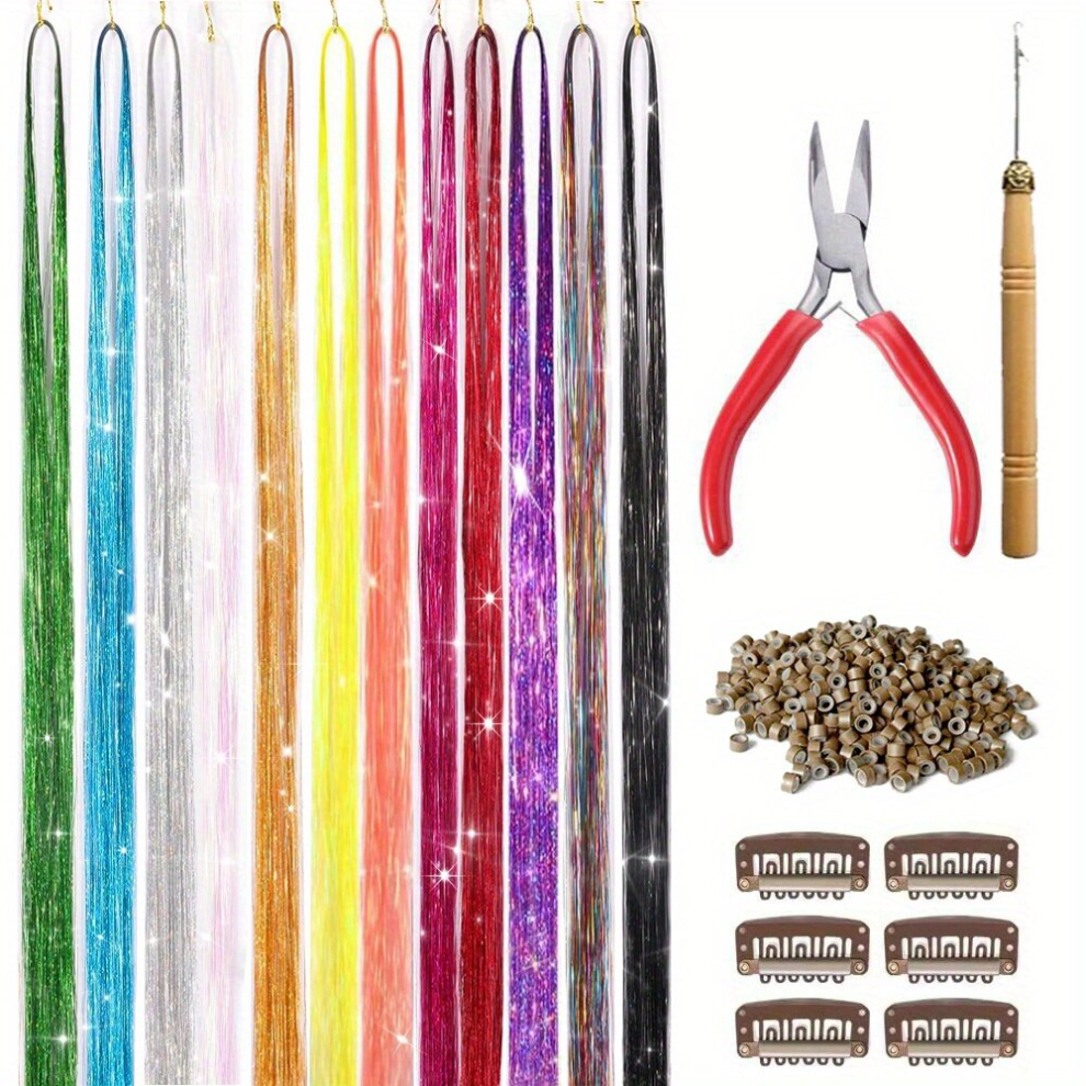 12 121 Hair Tinsel Kit 3200 Stands Halloween Christmas Glitter Sparkle Hair Extensions With Pliers Clips Hooks Beads Cosplay Party Dress Up Hairpieces