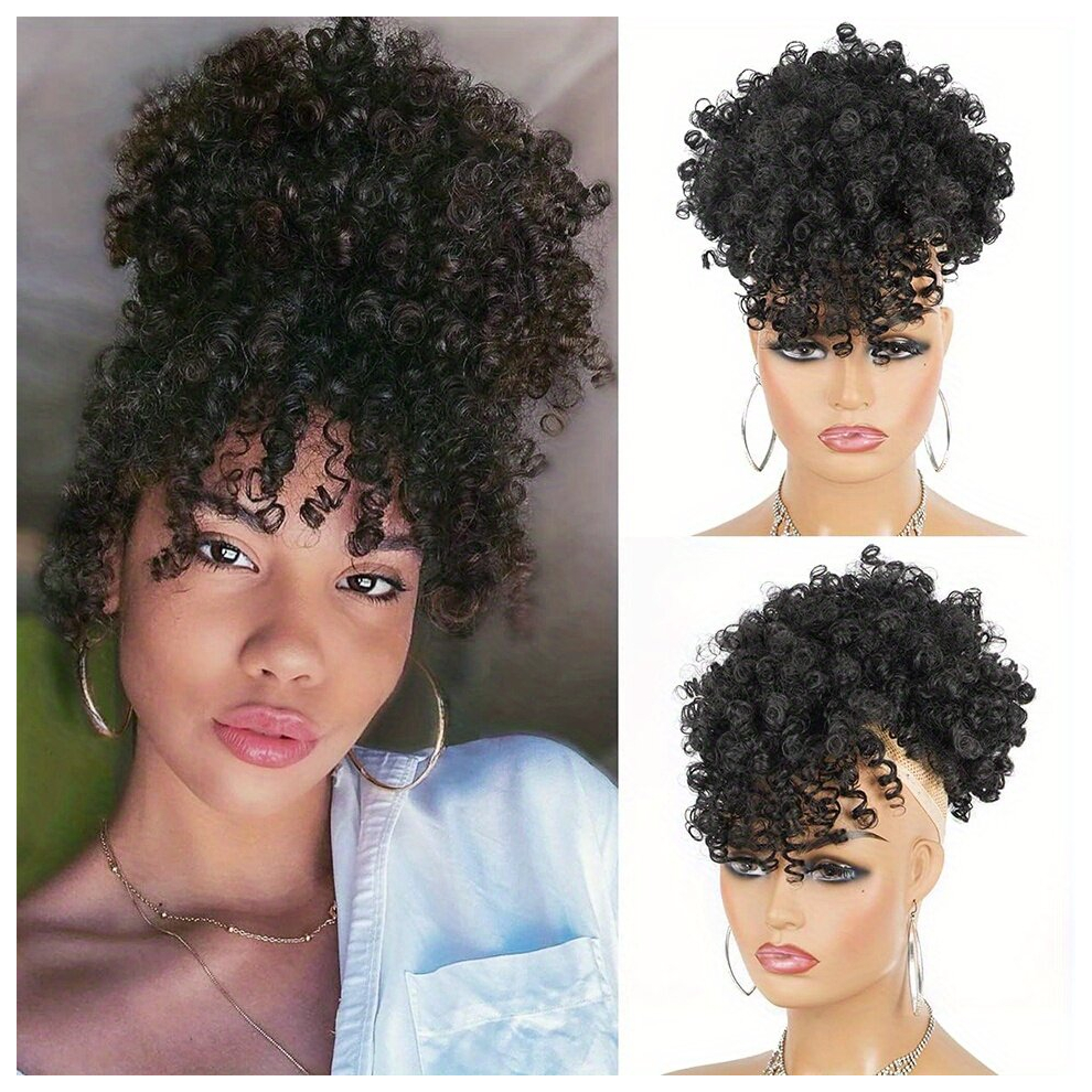 Afro Kinky Curly Drawstring Ponytail Extensions With Bangs Afro Puff Ponytail Extension For Women Synthetic Short Kinky Curly Drawstring Ponytail With