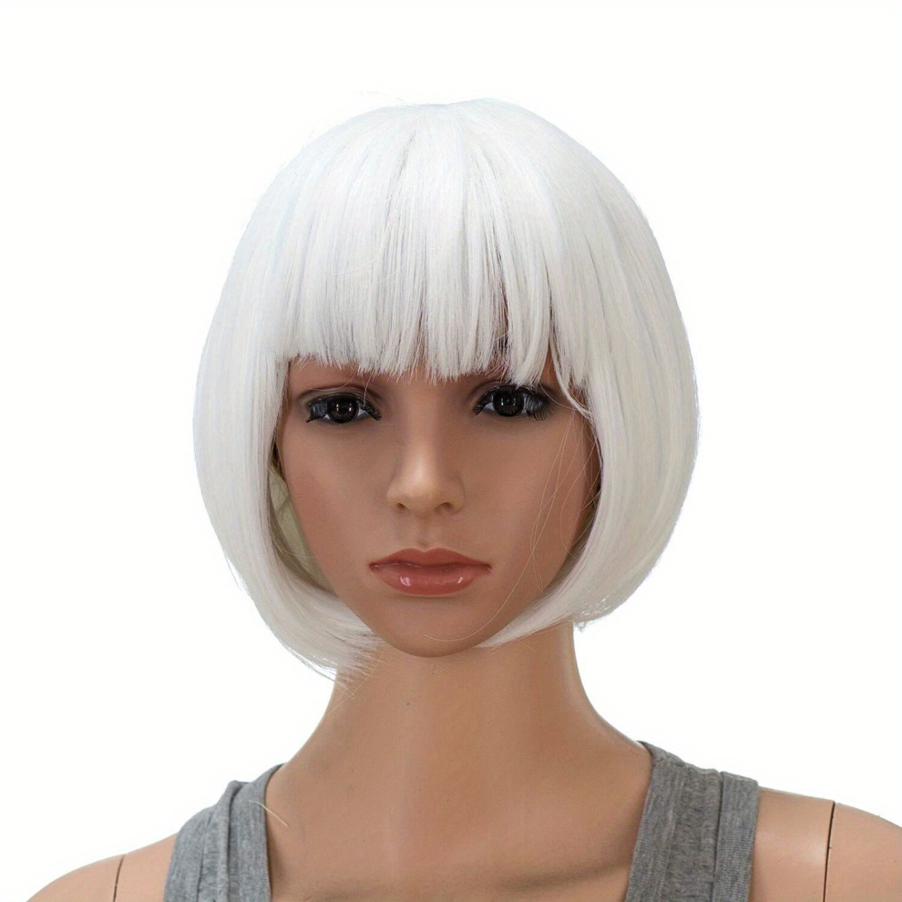 Unisex White Costume Wigs Short Straight Bob Wig Synthetic Wig With Bangs Anime Cosplay Wig For Halloween Cosplay Party