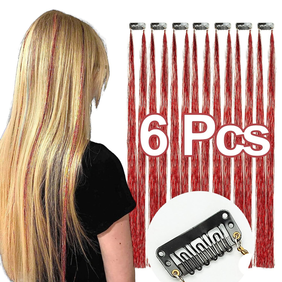 6pcs Y2K Tinsel Hair Extension Sparkle Glitter Rainbow Colored Synthetic Clip In Hair Extensions For Christmas Year Halloween Cosplay Party 50