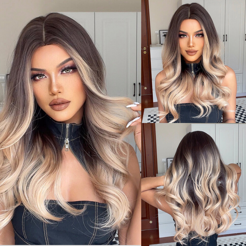 26 Inches Ombre Brown Blonde Wig Synthetic Long Wigs For Women Natural Wave Hair Wigs Middle Part Heat Resistant Natural Looking Wigs