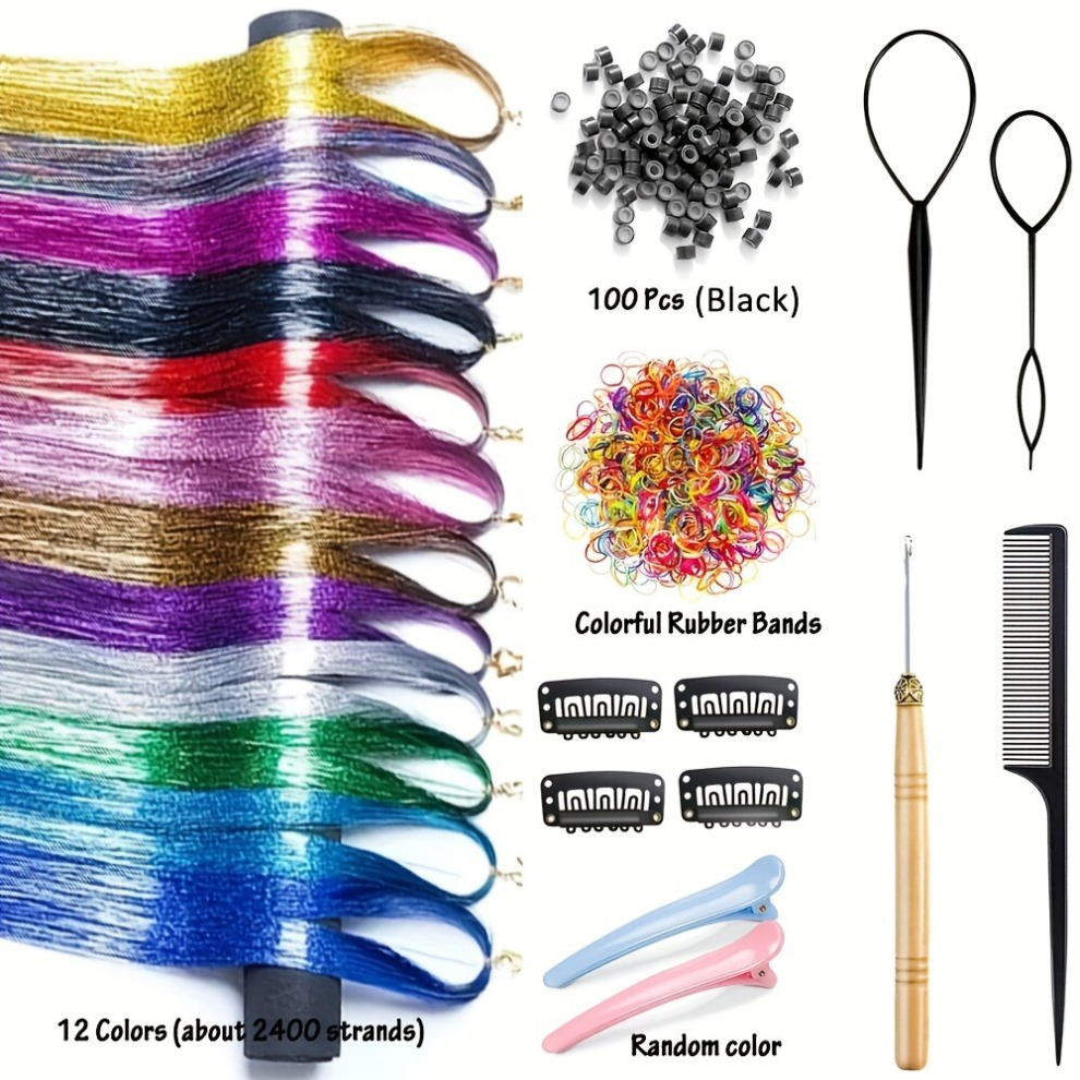 Hair Tinsel Kit 12 Colors Fairy Hair Tinsel With Tools 121 2400 Strands Hair Tinsel Heat Resistant For Women Girls Glitter Tinsel Hair Extensions For
