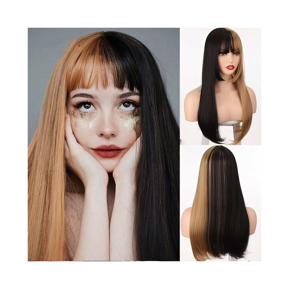 Unisex Multicoloured Lolita Cosplay Long Wig Half Pink Blonde Straight Hair Daily Synthetic Wigs With Bangs For Women Costume Wig Halloween