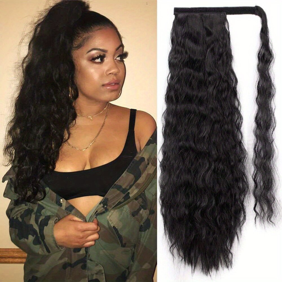Unisex Multicoloured 55 Long Corn Wave Ponytail Extension Magic Paste Heat Resistant Wavy Synthetic Wrap Around Ponytail Hairpiece For Women