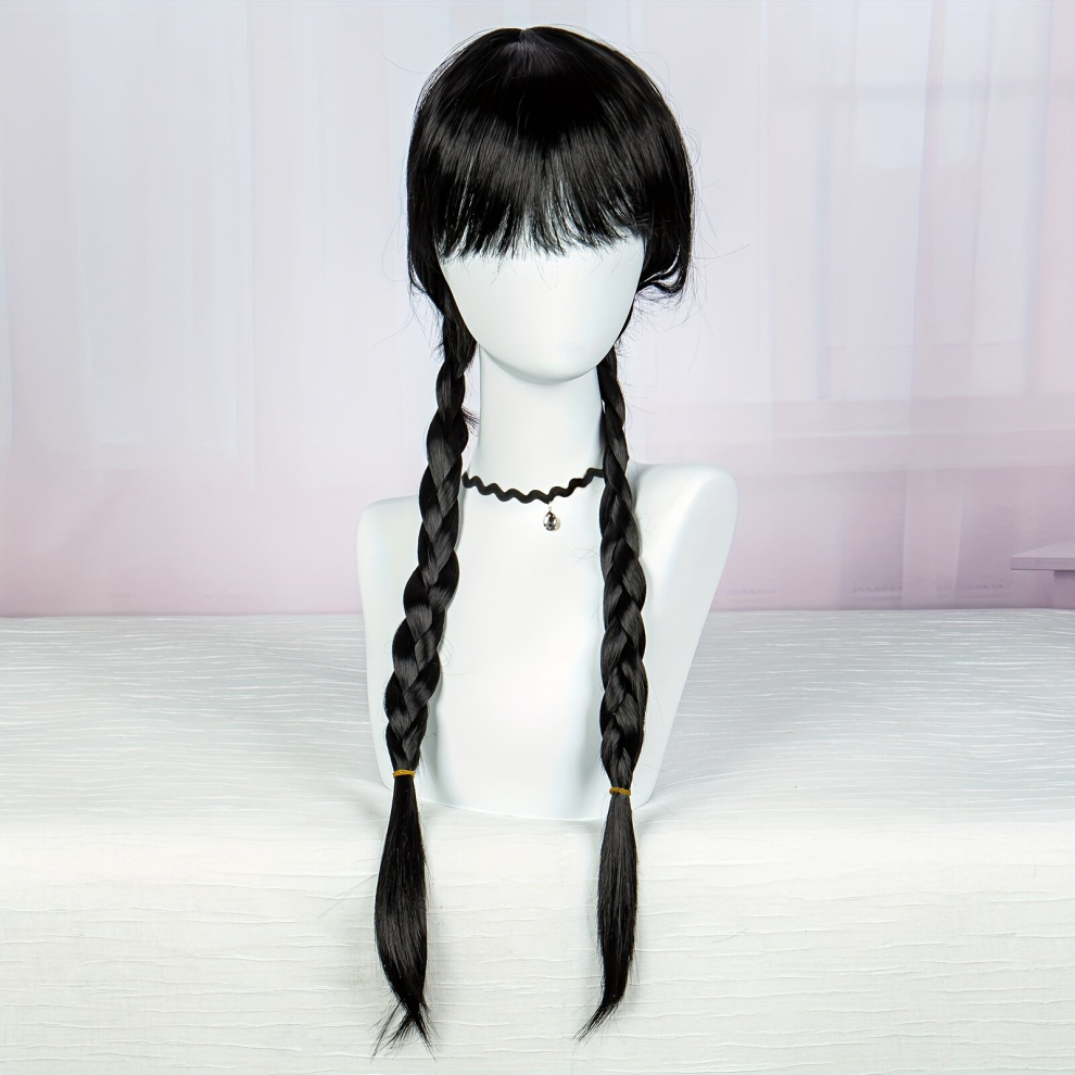 Unisex Black Costume Wigs Balck Long Wig With Bangs 2 Ponytails Synthetic Wig Movie Cosplay Wig For Halloween Cosplay Party