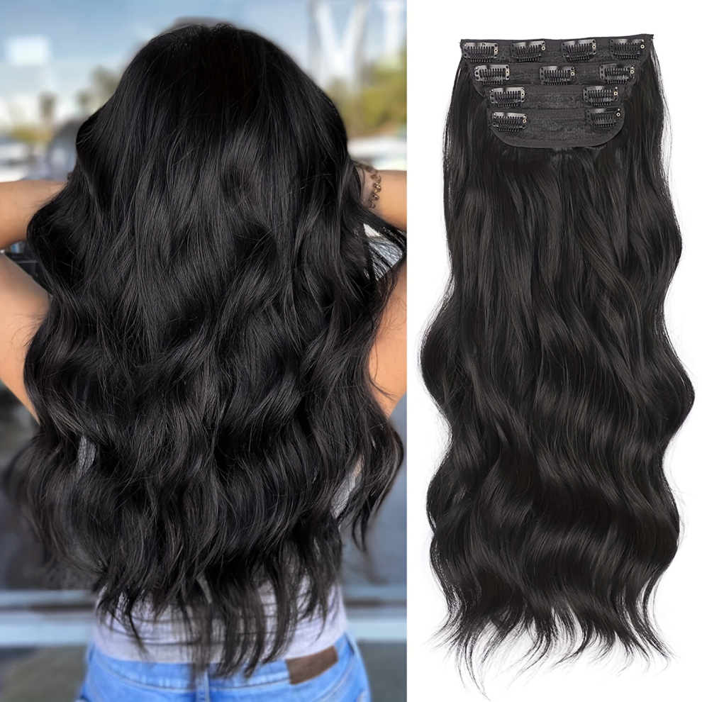 Unisex Black 4Pcs Thick Hairpieces 50 8 Cm Clip In Hair Extensions Long Wavy Curly Hair Extensions Synthetic Fiber Double Weft Hair Extensions For Women