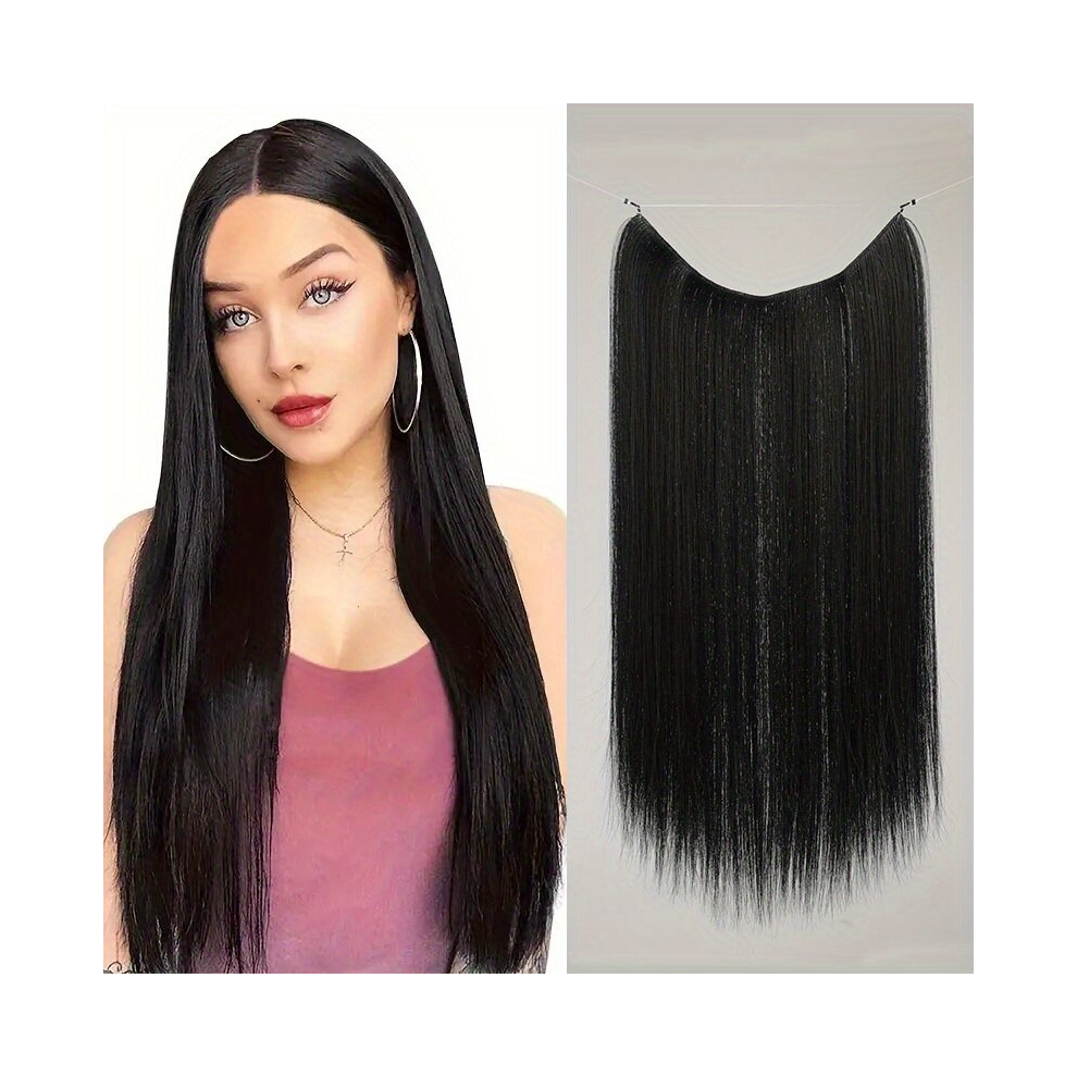 Unisex Black Synthetic Invisible Wire Hair Extensions Straight Long Hairpieces 55 88 Cm Synthetic Hair For Women Heat Resistant Fiber