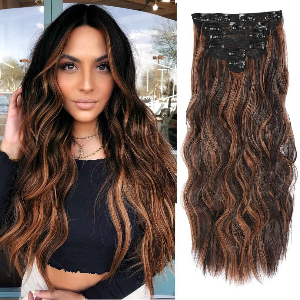 6pcs set Highlight Long Wavy Hair Pieces Synthetic Clip In Hair Extensions Natural Looking For Daily Use