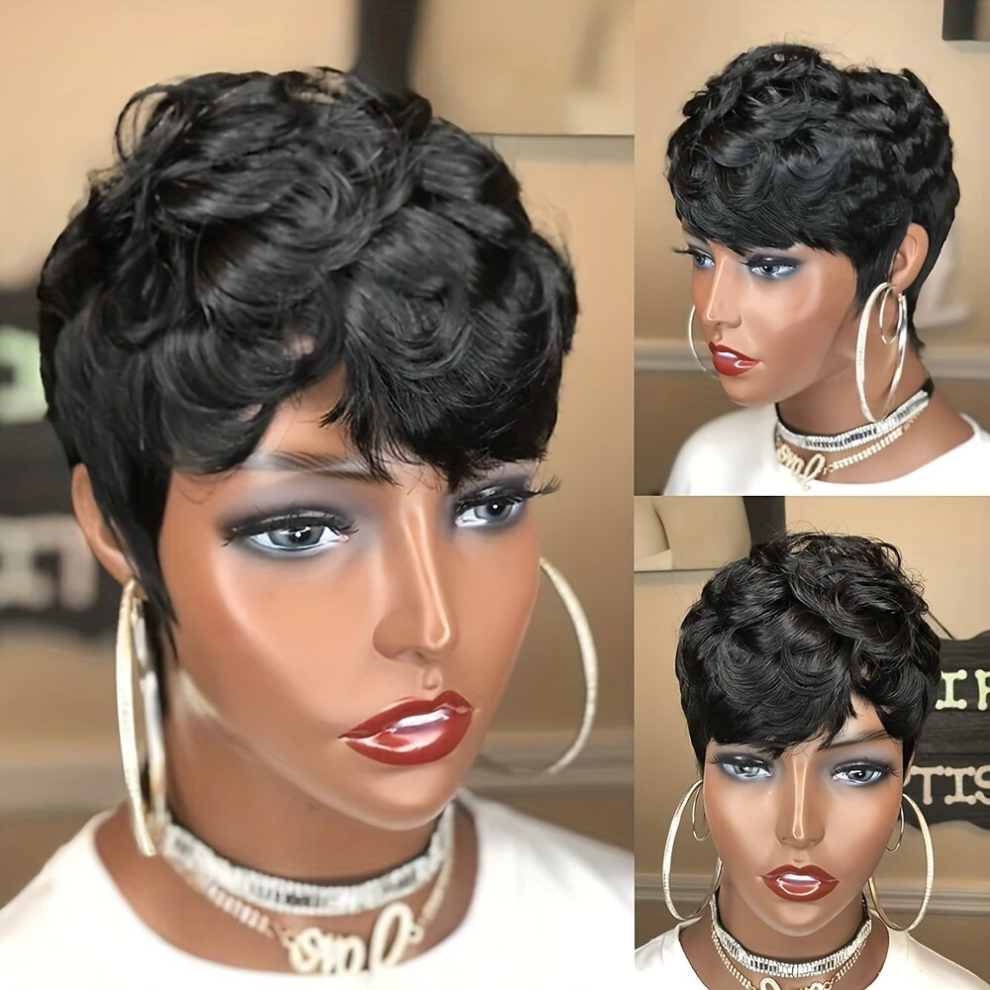 Unisex Black Human Hair Wig Pixie Cut Highlight Ombre Blond 1B 27 Short Straight Pixie Cut Hair Bob Wig With Curly Bangs Hair For Women