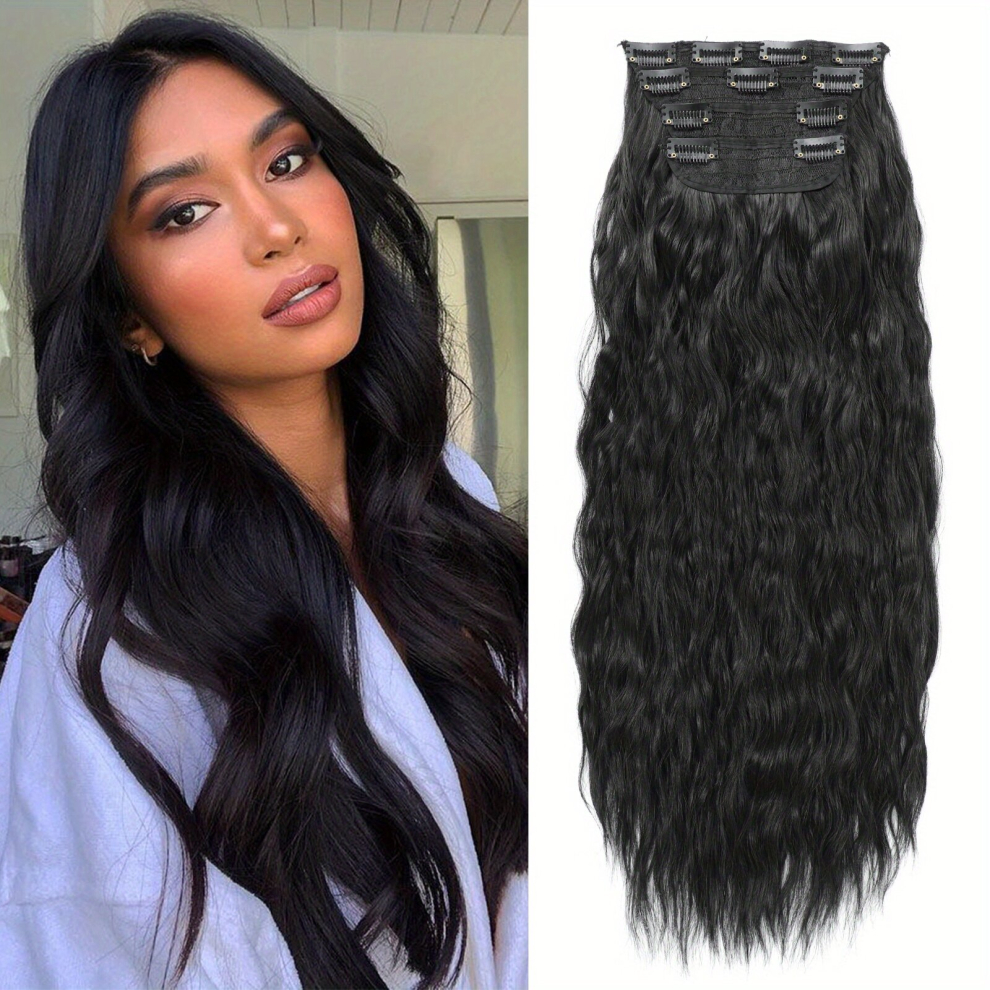 Unisex Black Clip In Long Wave Synthetic Hair Extensions 60 96 Cm 4Pcs Thick Hairpieces Fiber Double Weft Hair Extension For Women