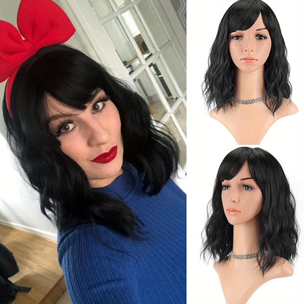 Unisex Black Wave Bob Wigs With Bangs Shoulder Length Wig For Women Synthetic Cosplay Wig Bob Wig For Girl Costume Wigs