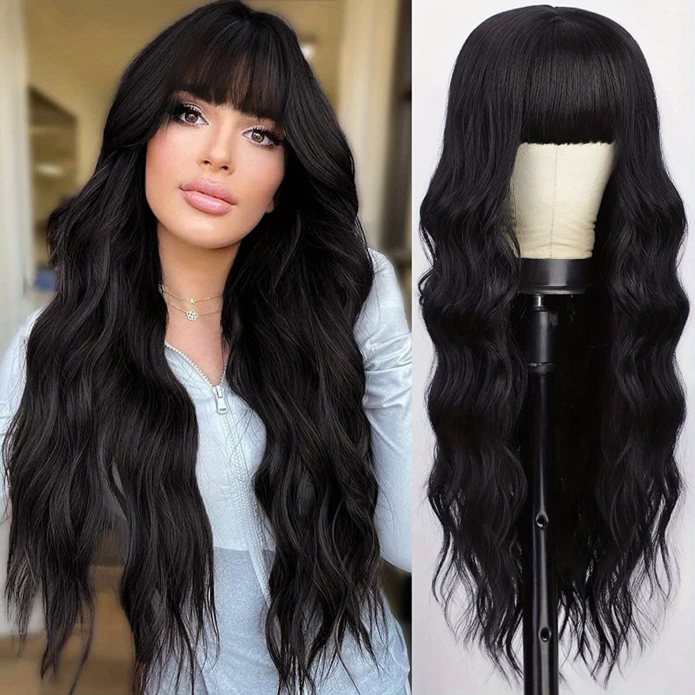 Long Curly Wavy Wig Body Wave Wig With Bangs Synthetic Wig Beginners Friendly Heat Resistant