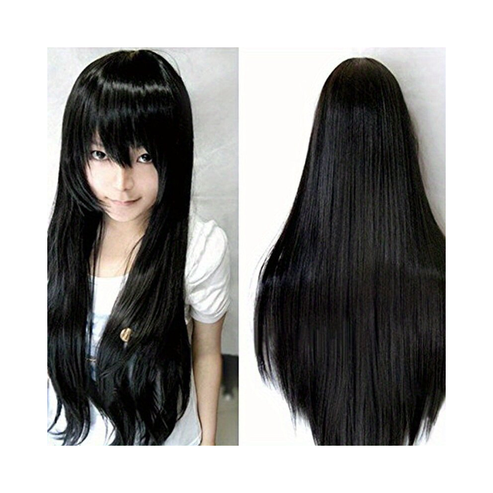 Unisex Black Costume Wigs Long Straight Synthetic Wig With Bangs Beginners Friendly Heat Resistant For Halloween Cosplay Party