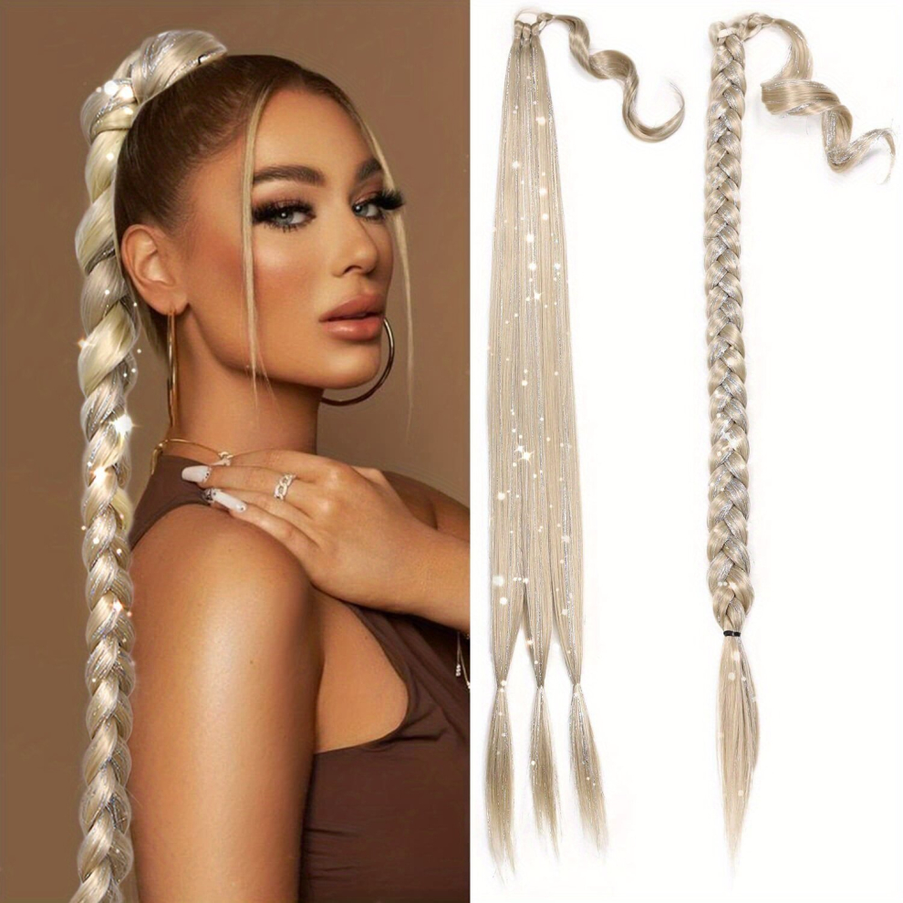86 36 Cm Long Blonde Braided Ponytail Extension With Silvery Tinsel Braided Ponytail Extension For Woman Straight Wrap Around Pony Tails Hair Extensio