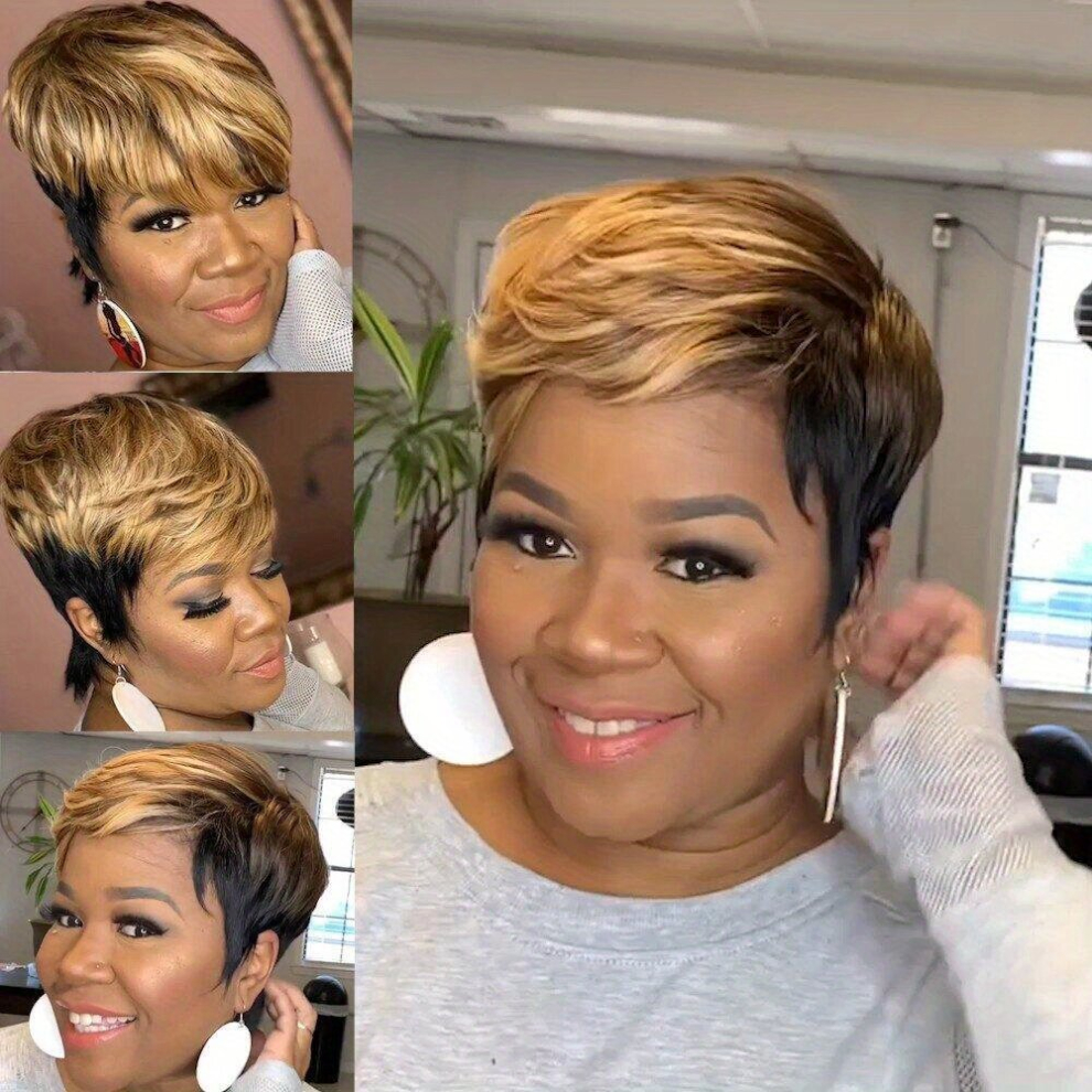 Unisex Orange Highlight Short Pixie Cut Wig With Bangs Synthetic Wig Beginners Friendly Heat Resistant