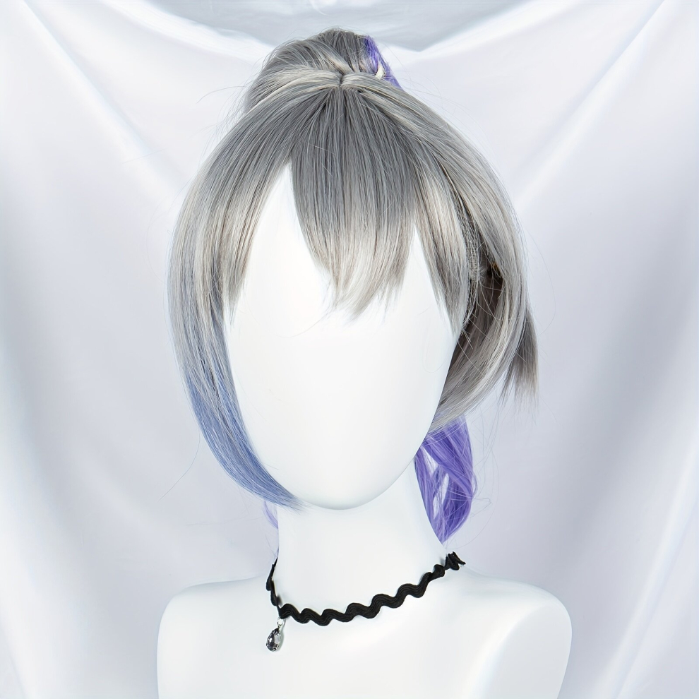 Unisex Multicoloured Costume Wigs Silvery Wig With Purple Ponytail Synthetic Wig With Bangs Anime Cosplay Wig For Halloween Cosplay Party