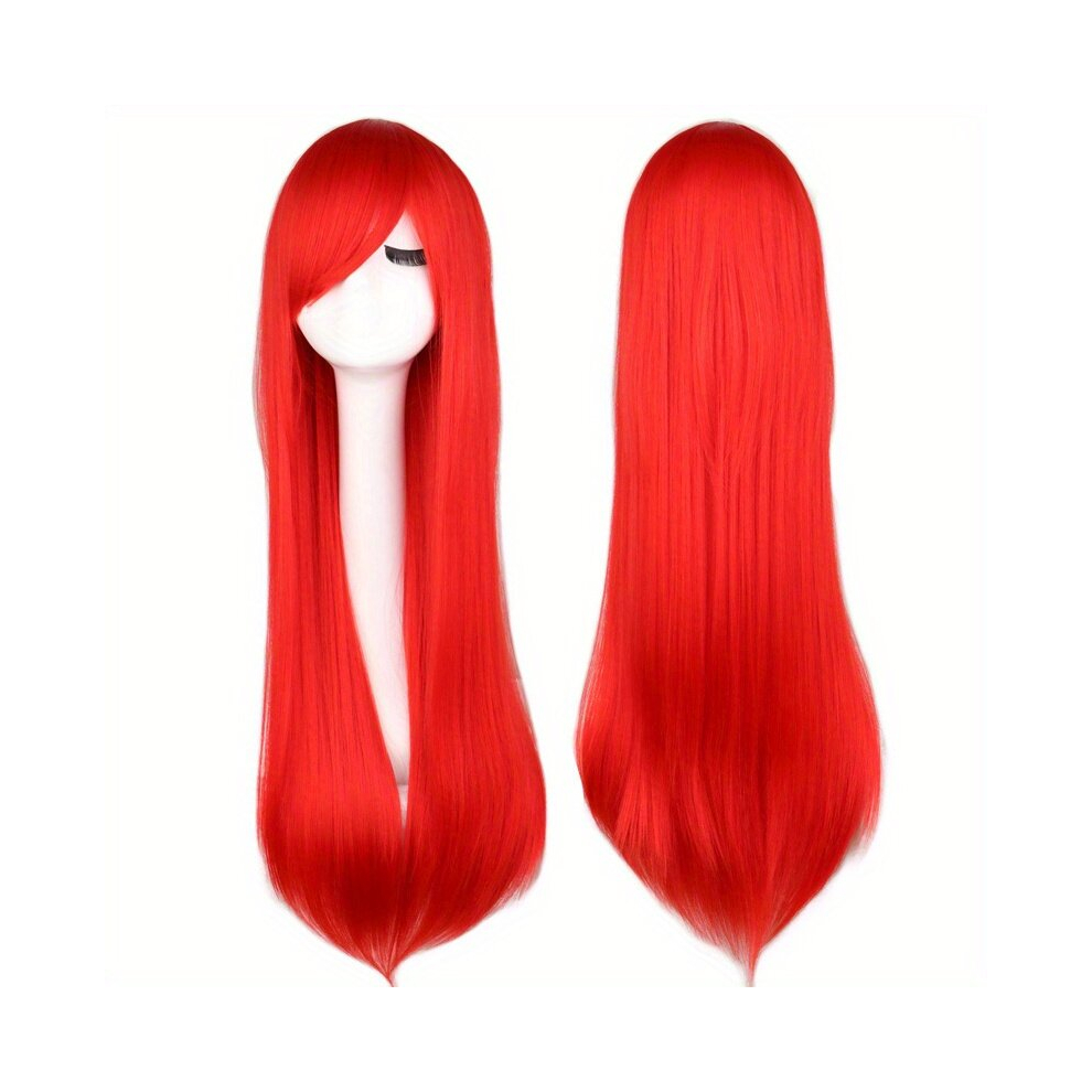 Unisex Red Costume Wigs Long Straight Synthetic Wig With Bangs Beginners Friendly Heat Resistant For Halloween Cosplay Party