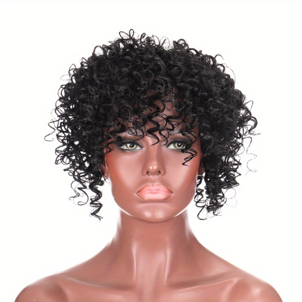 Unisex Black Curly Wavy Topper With Hair Bangs Synthetic Clip In Hair Extensions For Short Hair Add Volume And Style