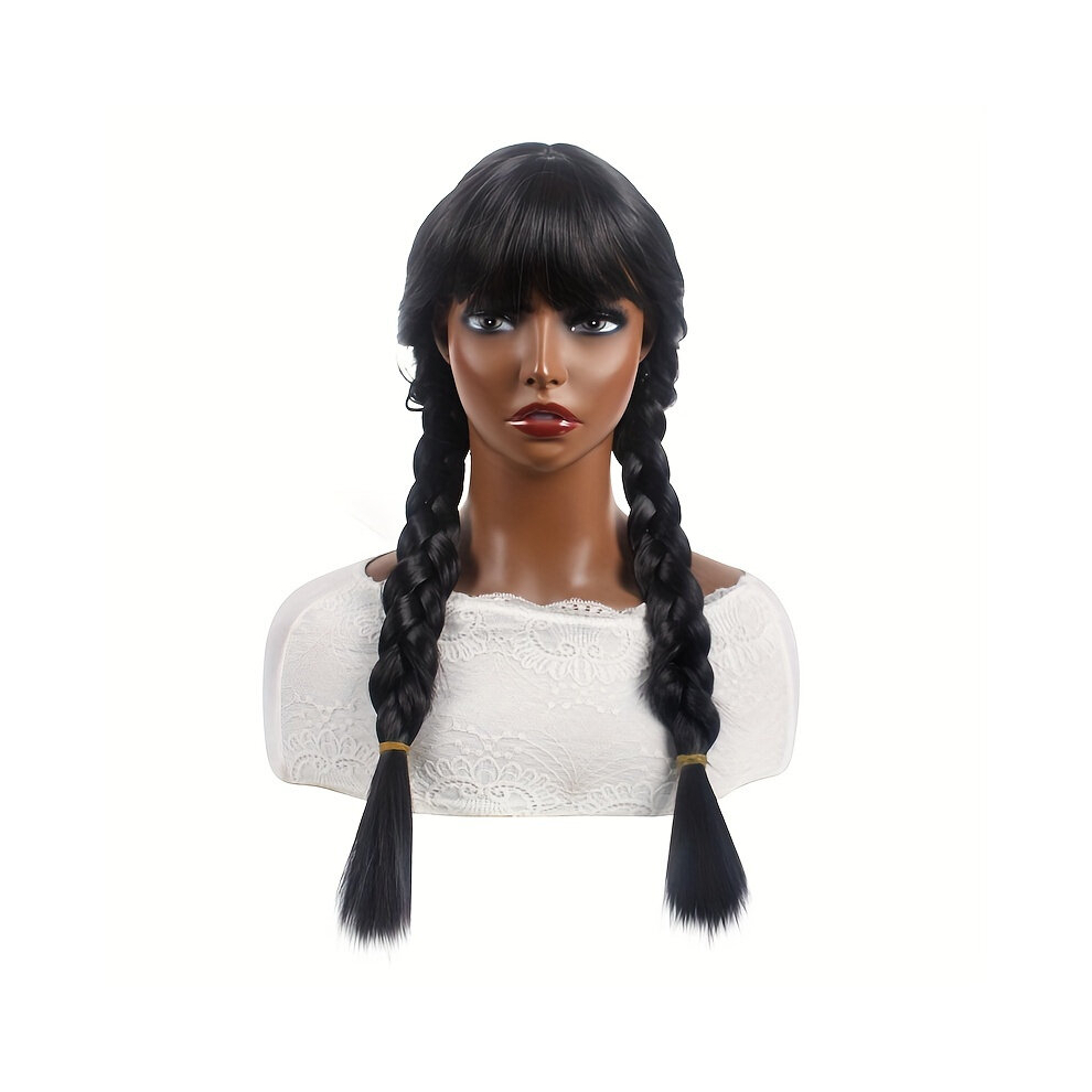 Unisex Black Costume Wigs Long Curly Double Ponytail Synthetic Wig With Bangs For Halloween Cosplay Party