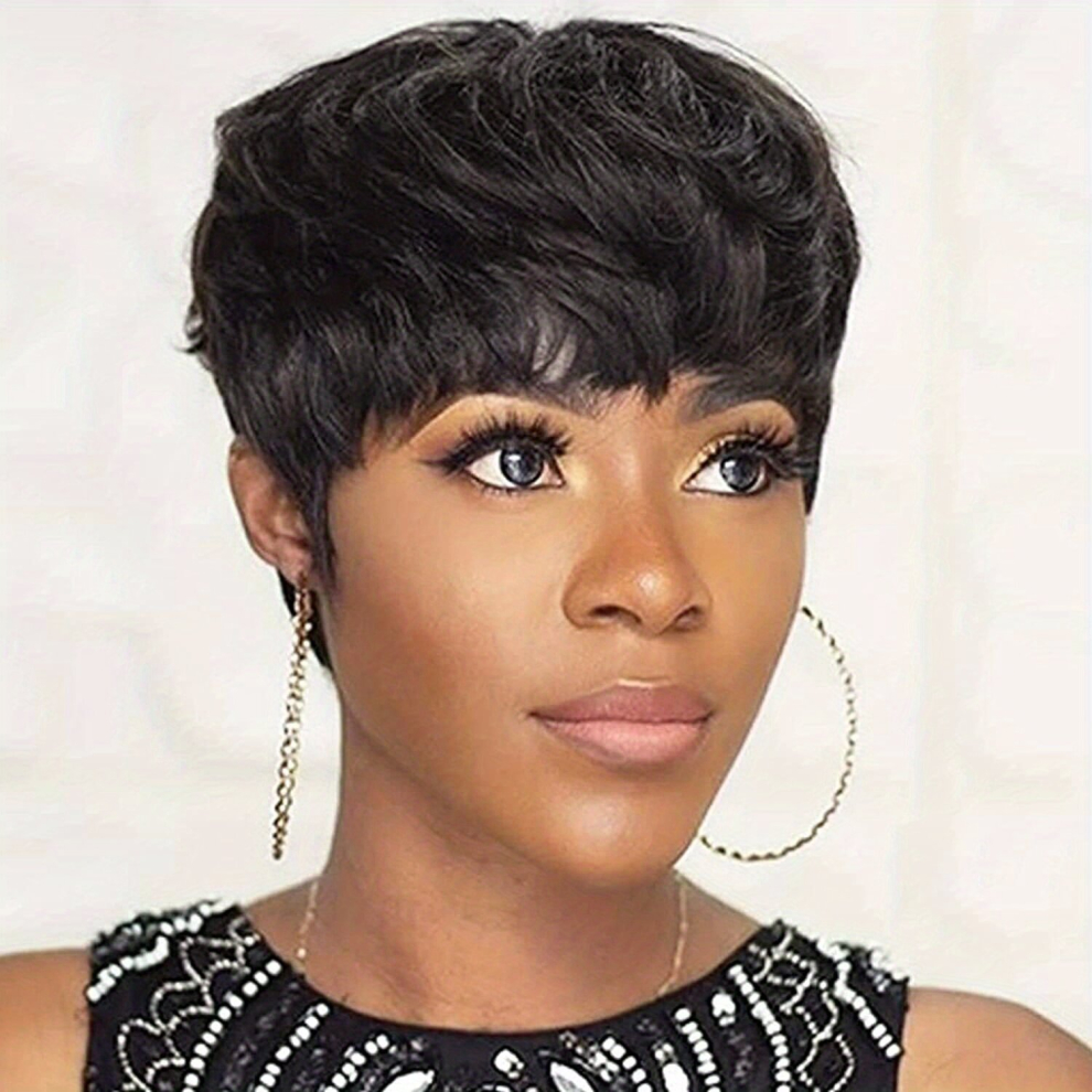 Pixie Cut Wig Short Hair With Bangs Natural Straight Synthetic Machine Make Wigs