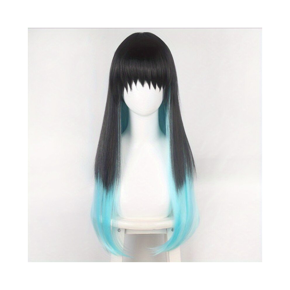 Unisex Green Costume Wigs Gemini Hair Long Straight Triple Ponytail Synthetic Wig With Bangs For Halloween Cosplay Party