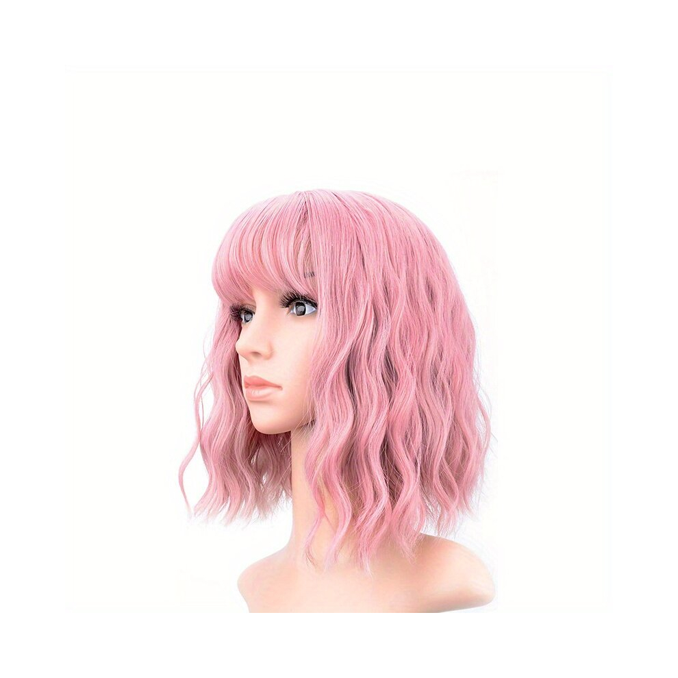 Unisex Pink Curly Bob Wig With Bangs Short Wavy Wine Red Wigs For Women Bob Style Synthetic Heat Resistant Bob Wigs Burgundy