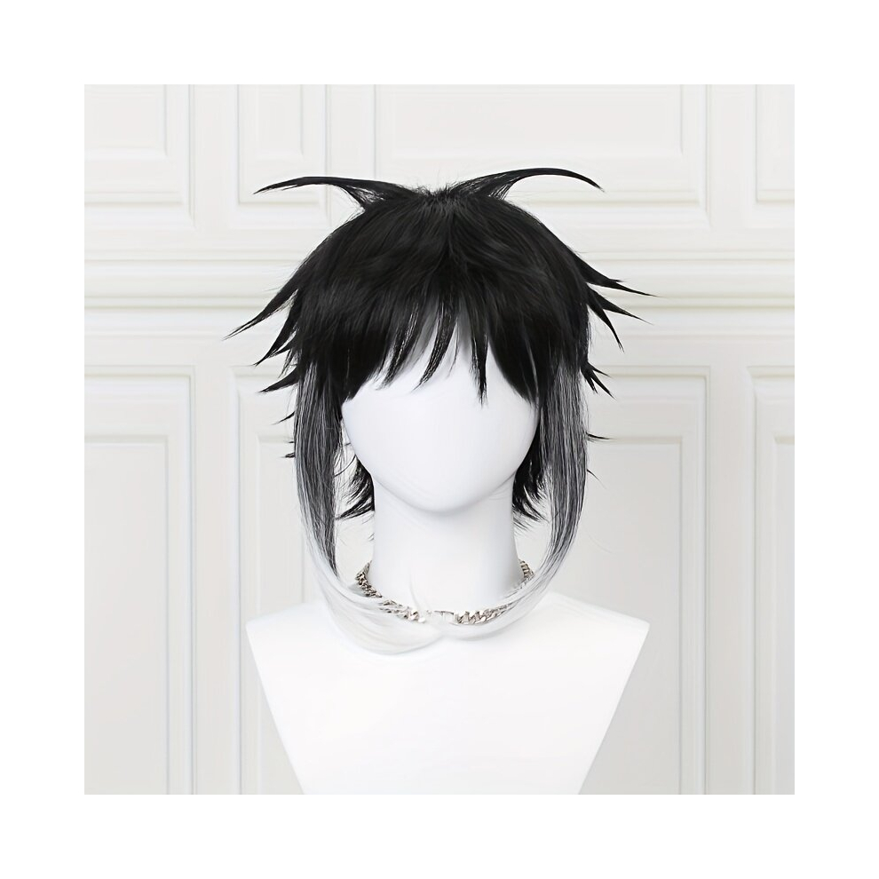 Unisex Black Anime Cosplay Wig Gradient Layered Short Hair Heat Resistant Synthetic Halloween Comic Con Wigs Props Highlight Short Spiky Wig With Bangs