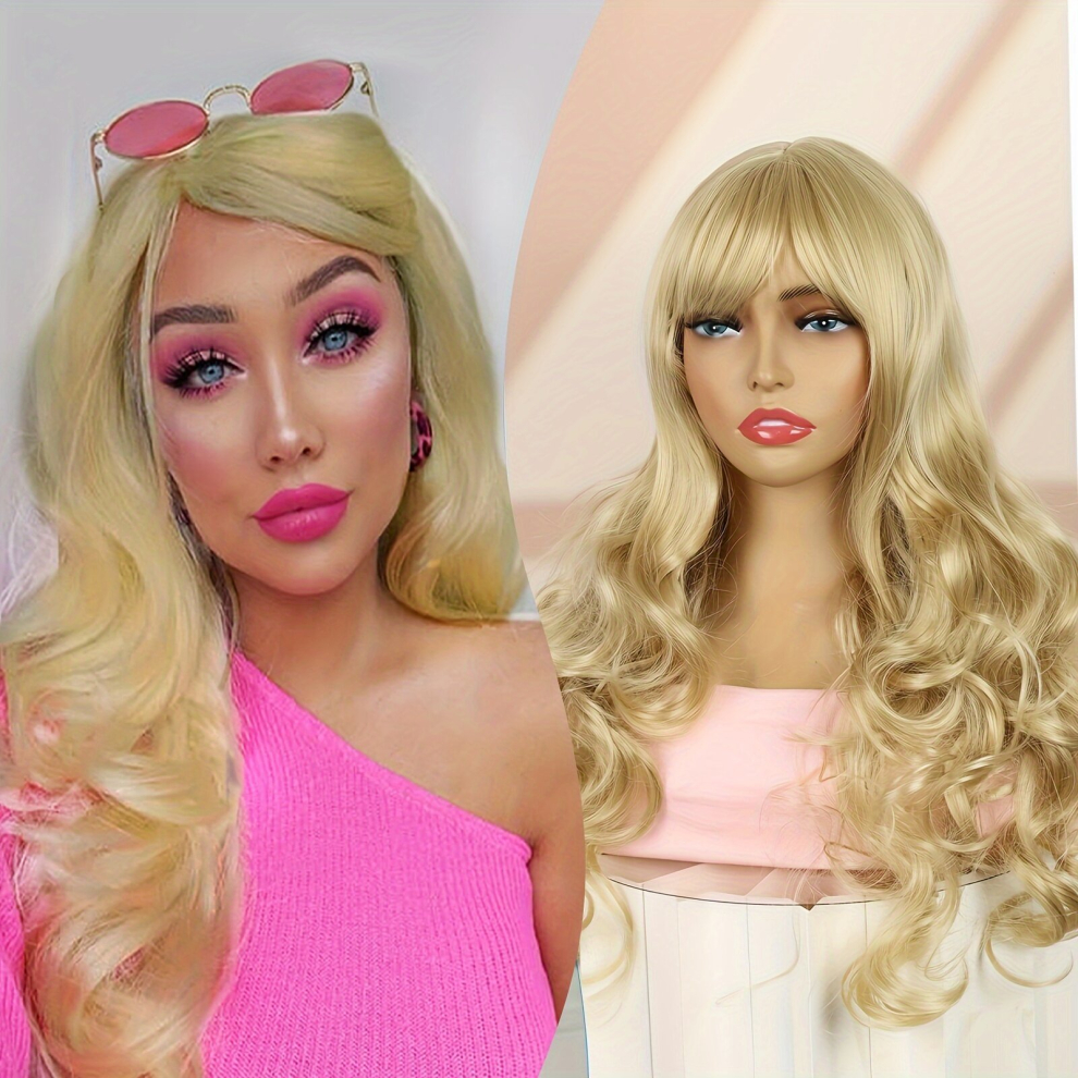 Unisex Multicoloured Brown Blonde Wig Long Wavy Wig With Bangs Synthetic Wig Long Wig Blonde Wigs For Halloween Cosplay Costume Party With Wig Cap For Women