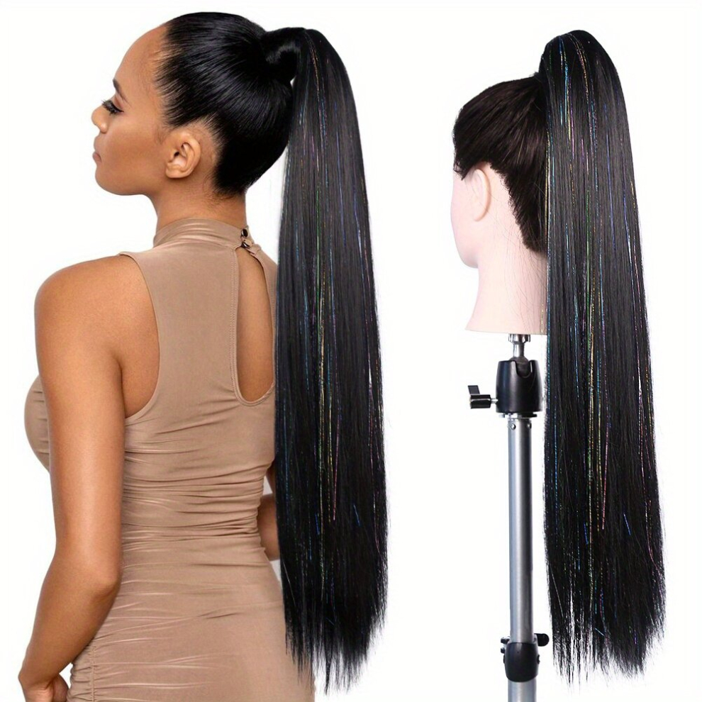 Colorful Tinsel Laser Synthetic Straight Ponytail Extensions Long Straight Wrap Around Clip In Ponytail Hair Extension For Women Hairpieces