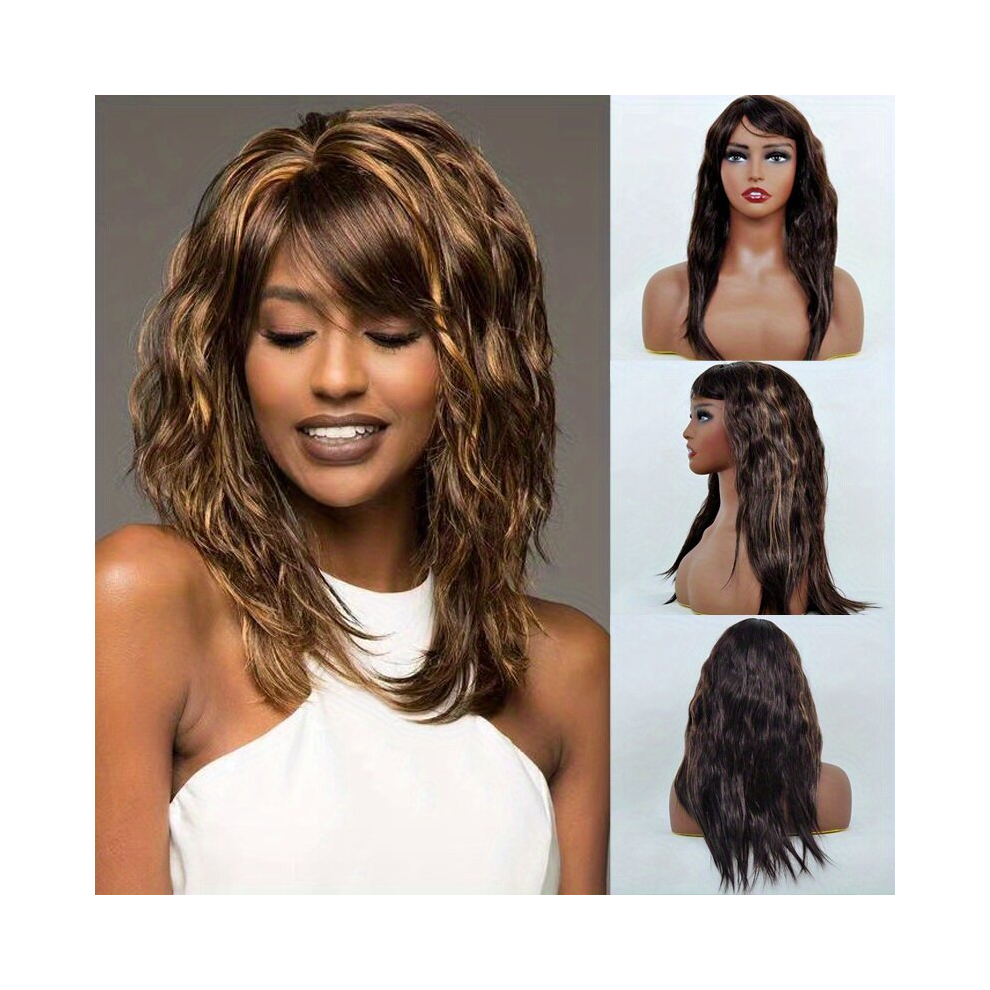 Unisex Multicoloured 60 Curly Wavy Wig With Bangs For Women Natural Looking For Daily Use Synthetic Wig