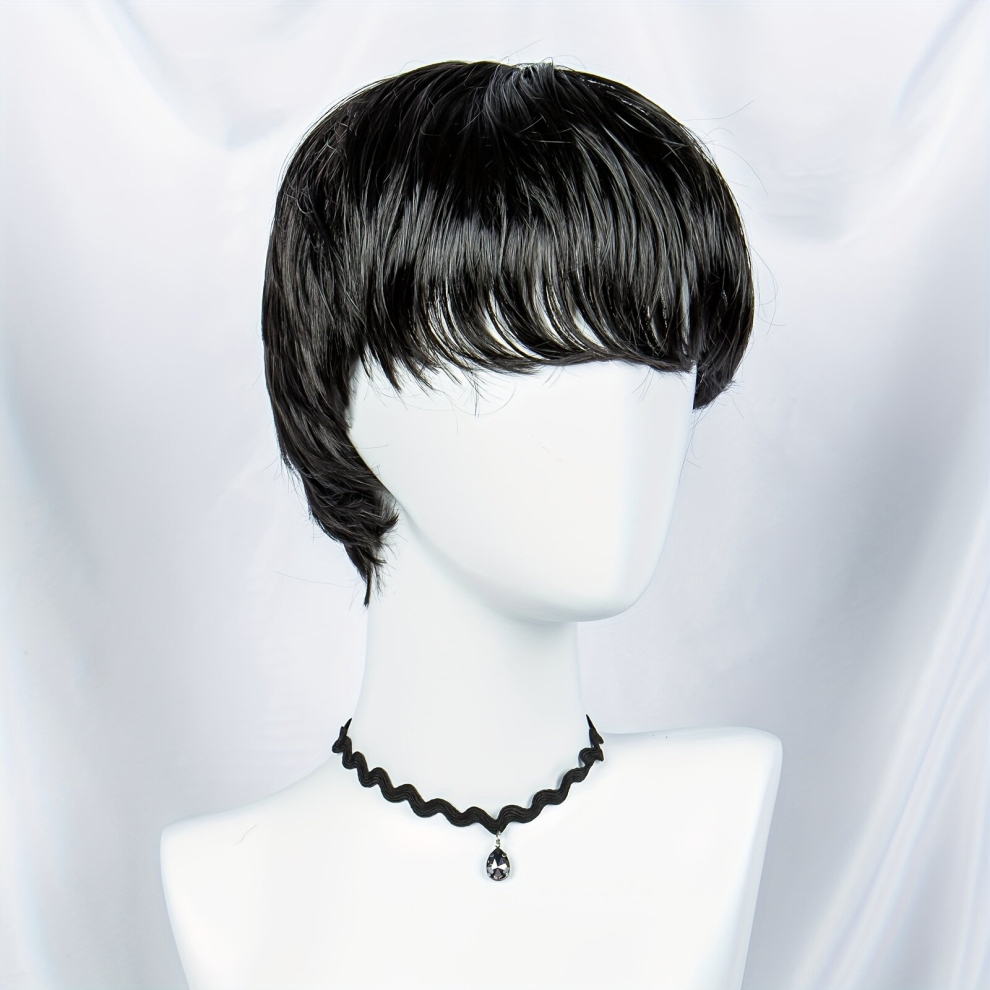 Unisex Black Short Straight Pixie Wig Bob Cut Wig With Bangs Synthetic Wig Beginners Friendly Heat Resistant