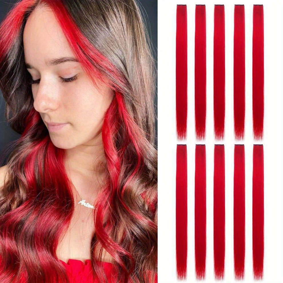 Unisex Red 50 Colo Hair Extensions 10Pcs Straight Hairpiece Colors Party Highlights Clip In Synthetic Hair Extensions For Women