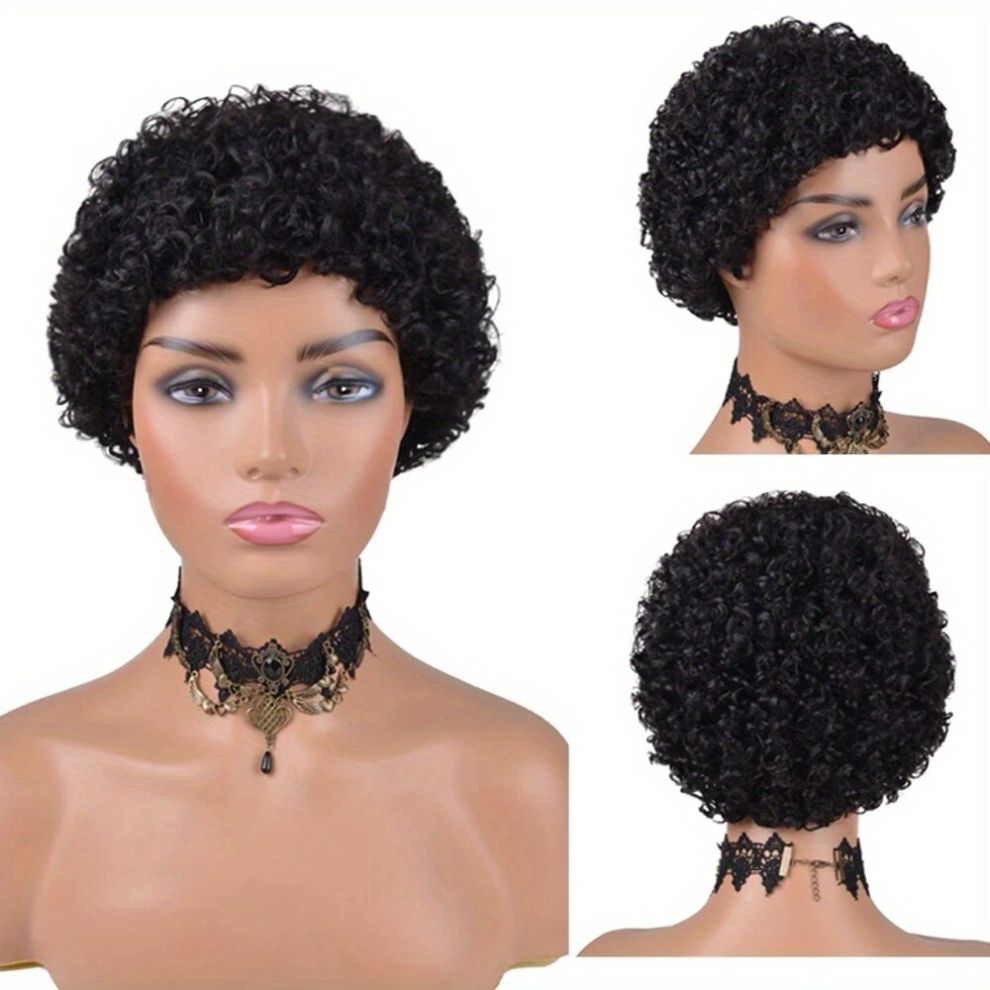 Unisex Black Kinky Curly Wigs Short Pixie Cut Human Hair Wigs For Women Brazilian Curly Human Hair Wigs Full Machine Pixie Cut Wigs