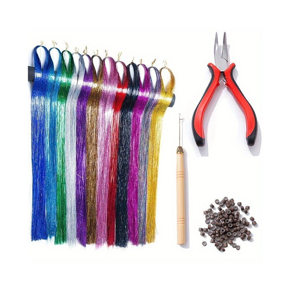 Y2K Colorful Tinsel Hair Extensions Glitter Hair Extensions With Hair Extension Tool Kit Includes Bead Threader Crochet Hook 100 Hair Extension Rings
