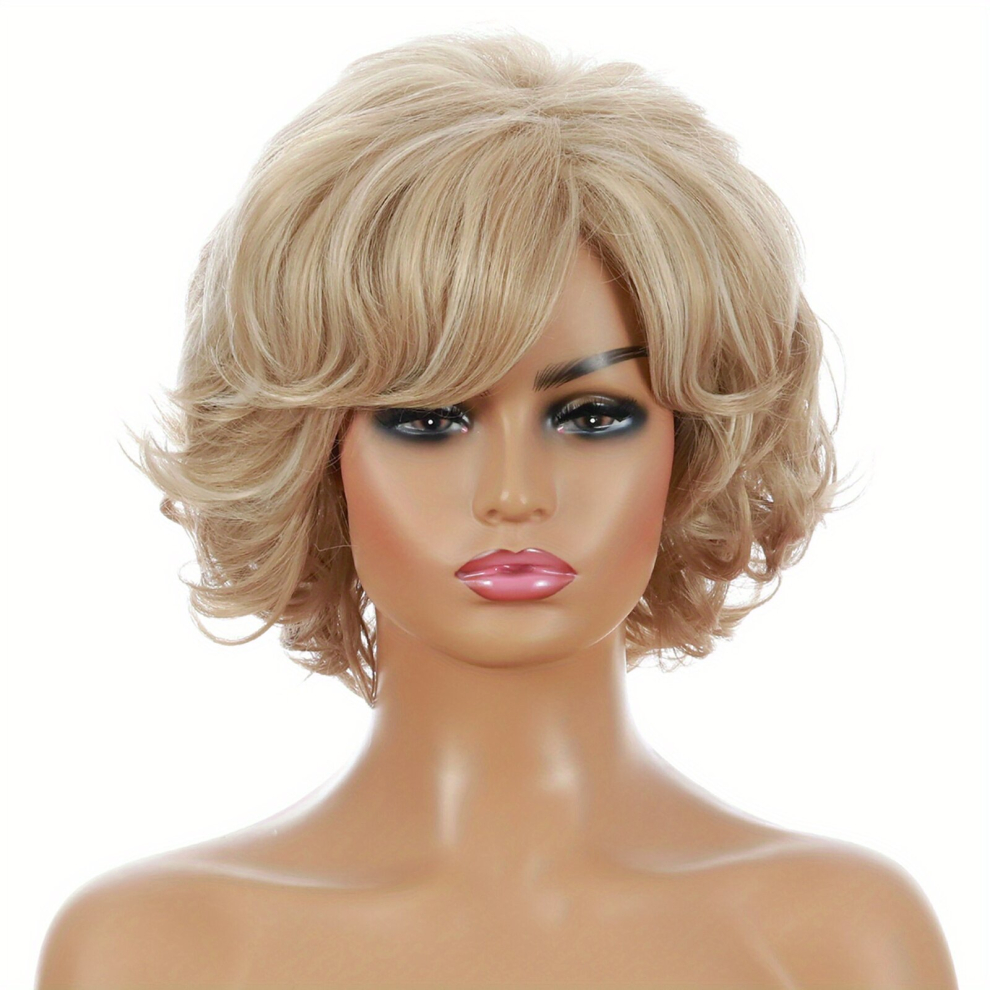 Unisex Multicoloured Light Golden Synthetic Short Curly Hair Wig With Slanted Bangs Heat Resistant Curly Wavy Wigs For Cosplay Costumes Accessories Wig Net