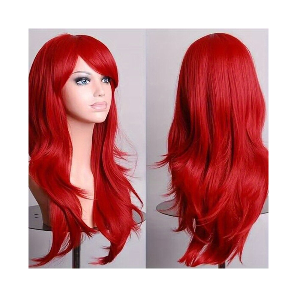 Unisex Red Costume Wigs Colorful Long Curly Synthetic Wig With Bangs Beginners Friendly Heat Resistant For Halloween Cosplay Party