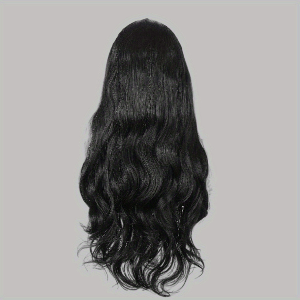 Unisex Black Costume Wigs Long Curly Synthetic Wig With Bangs Beginners Friendly Heat Resistant For Halloween Cosplay Party & 1Pc Wig Cap