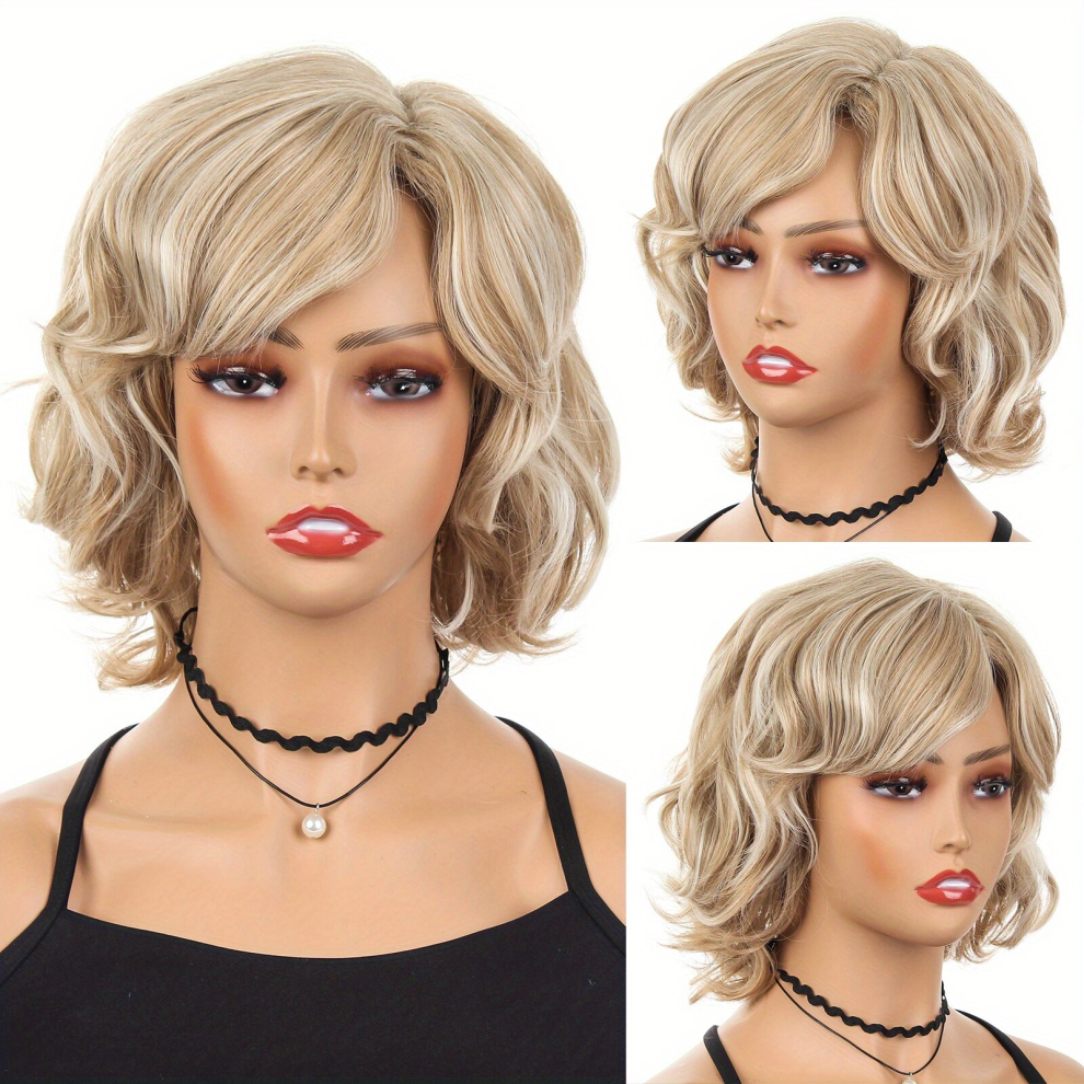 Unisex Brown Fluffy Curly Blonde Wig With Bangs Natural Looking Synthetic Wig For Womens Daily Wear And Parties