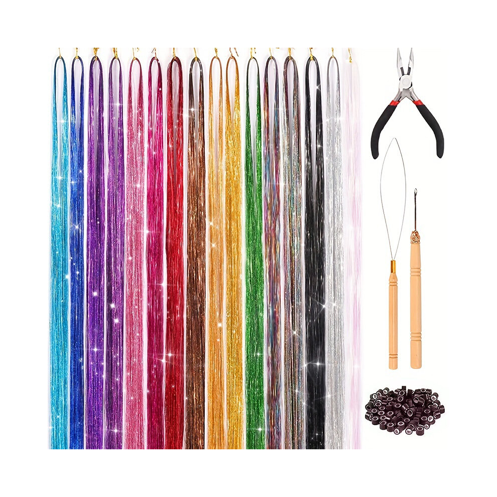 Tinsel Hair Extension With Tool 119 38 Cm 3200 Strands 16 Mixed Colors Hair Extension Tinsel Kit Glitter Hair Extensions For Women Girls Hair Accessor