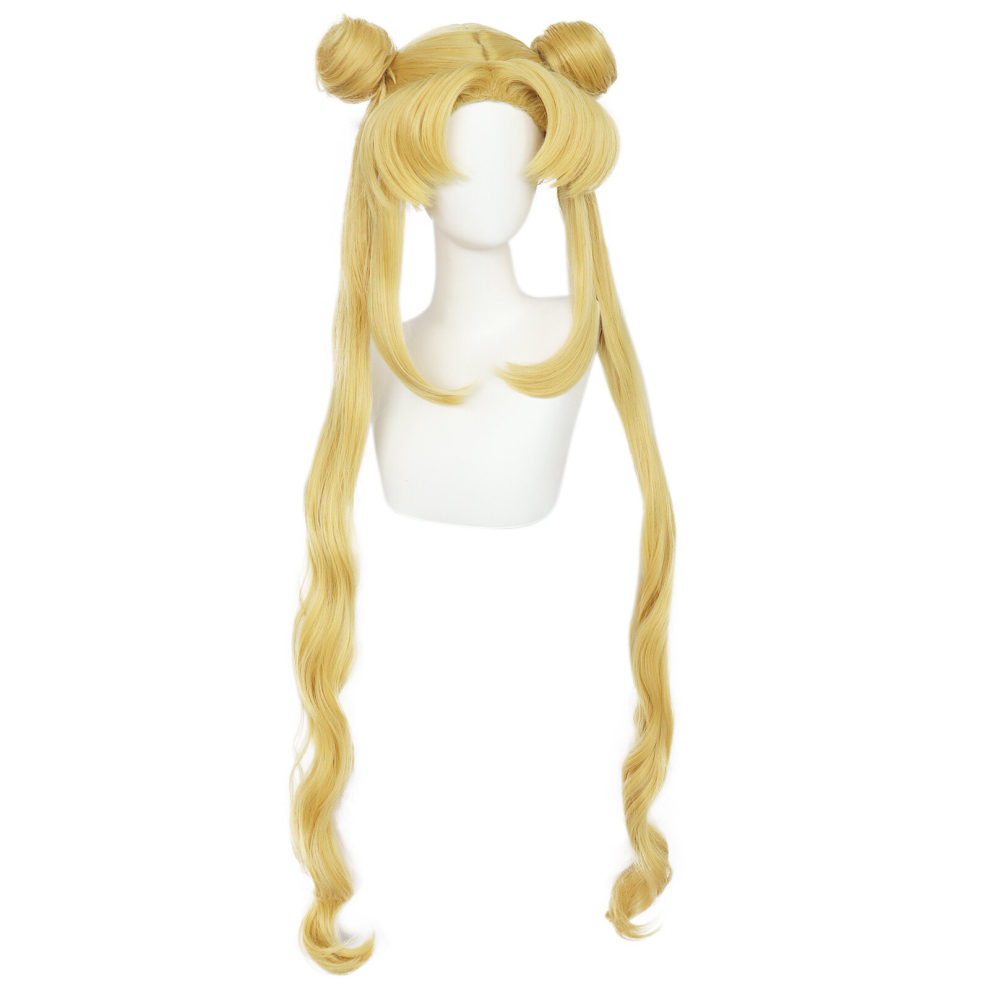 Unisex Orange Long Curly Golden Ponytails Wig With Buns For Cosplay Anime Blonde Pigtails Wig With Bangs Cap