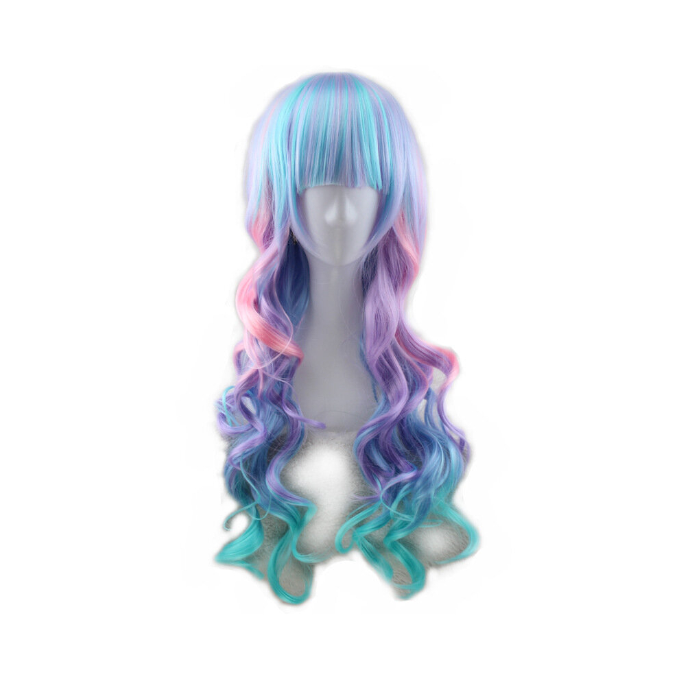 Long Colorful Curly Wavy Rainbow Hair Wig With Bangs Costume Cosplay Wig For Women Halloween Cosplay