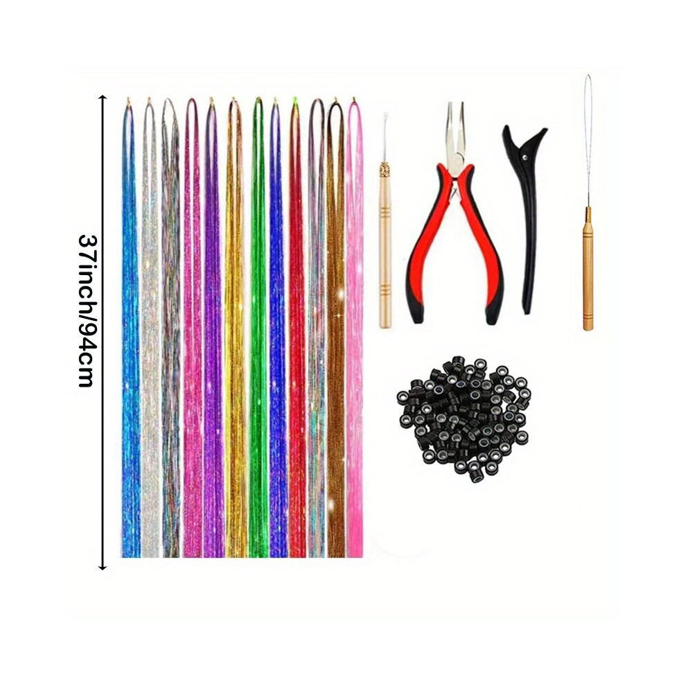 119 38 Cm Tinsel Hair Extension With Tools 2400 Strands 12 Mixed Colors Hair Extension Tinsel Kit Glitter Hair Extensions For Women Girls Hair Accesso