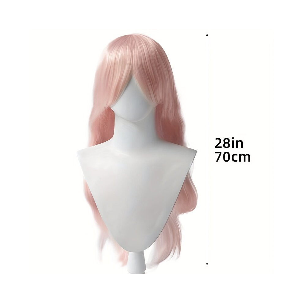 Unisex Pink Long Curly Wig With Bangs Synthetic Wig Beginners Friendly Heat Resistant Anime Cosplay Wig Costume Wig For Halloween Party